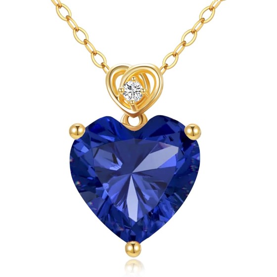 14k Gold Love Heart Gemstone Birthstone Necklaces for Women 3 Carat Heart-cut Created Birthstone Anniversary Birthday Mother's Day Pendant for Her 16+1+1 inch