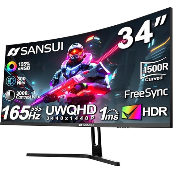 SANSUI 34-Inch Curved Gaming Monitor UWQHD 3440 x 1440 165Hz Curved 1500R - PIP/PBP, 1ms(MPRT), HDR, 300nits, sRGB 125%, DCI-P3 95%,FreeSync,HDMI x2,DP1.4 x2 (ES-G34C5 DP Cable Included)