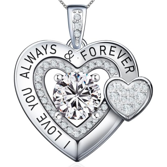 Diamond Moissanite Necklace for Women, 925 Sterling Silver Fine Necklace, Double Heart Necklace, Anniversary Present for Women, Jewelry Gift for Wife Girlfriend Mom