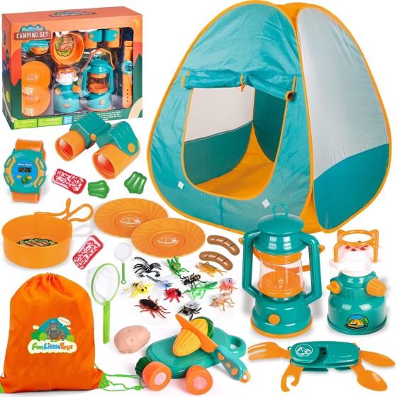 FUN LITTLE TOYS Kids Camping Set with Pop Up Play Tent Camping Toys with Battery Lantern and Drawstring Bag Indoor Outdoor Pretend Play