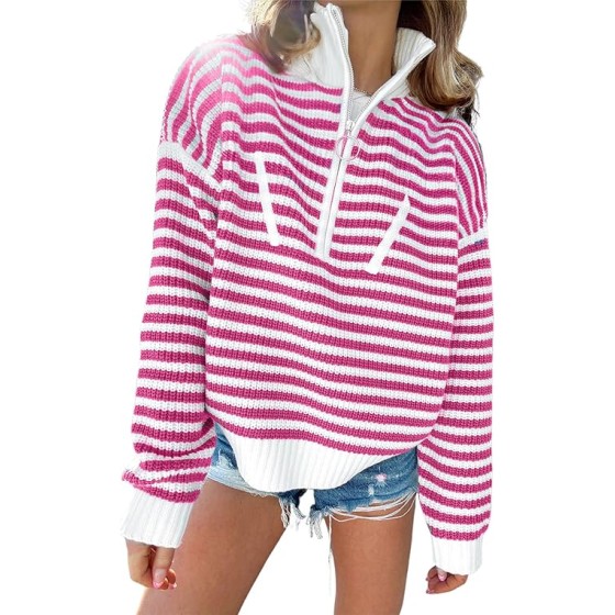 WHO IN SHOP Women's 1/4 Zip Sweaters Stripe Polo V Neck Drop Shoulder Knit Pullover Sweater Tops