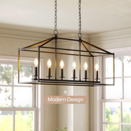 Tribesigns Farmhouse Dining Room Light Fixtures Over Table, 6-Light Candle Holder Kitchen Island Pendant Lighting, Industrial Linear Chandelier Pendant Lights with Adjustable Iron Chain