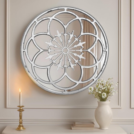 36" Gothic Rose Window Round Wall Mirror – Antique Cathedral Decorative Mirror with Distressed Wood Frame – Vintage Church-Inspired Wall Decor for Entryway, Living Room, Mantel