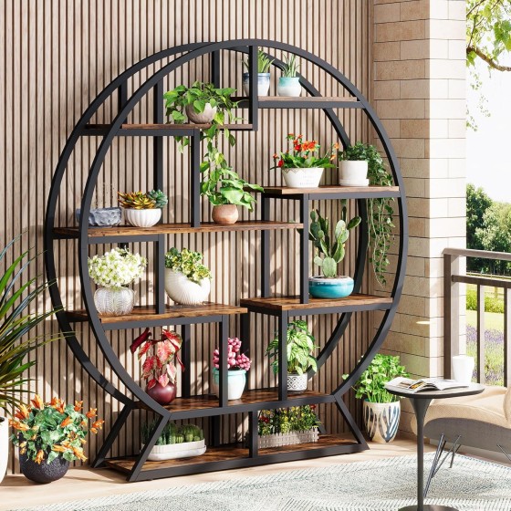 Tribesigns Indoor Plant Stand, 63 Inch Round Plant Shelf Holder, Multipurpose Flower Pot Stands with 8 Shelves, Metal and Wood Bonsai Potted Plants Display Rack for Living Room, Balcony, Patio